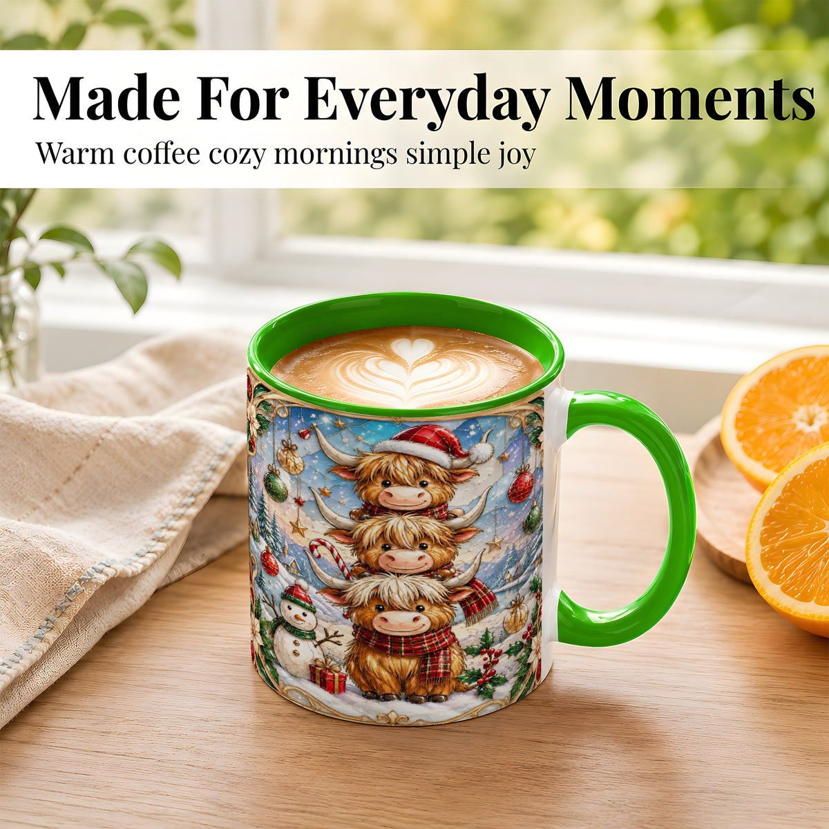 #pl[11oz|Green] Christmas Highland Cow Coffee Mug, Stacked Cow Mug, Ceramic Cup