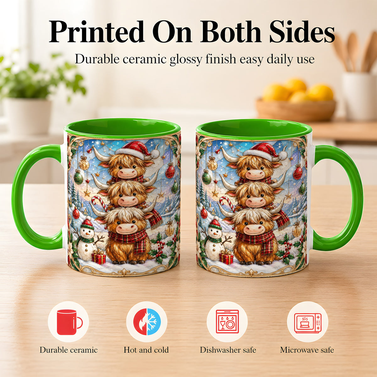 #pl[11oz|Green] Christmas Highland Cow Coffee Mug, Stacked Cow Mug, Ceramic Cup