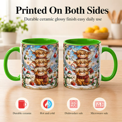 #pl[11oz|Green] Christmas Highland Cow Coffee Mug, Stacked Cow Mug, Ceramic Cup