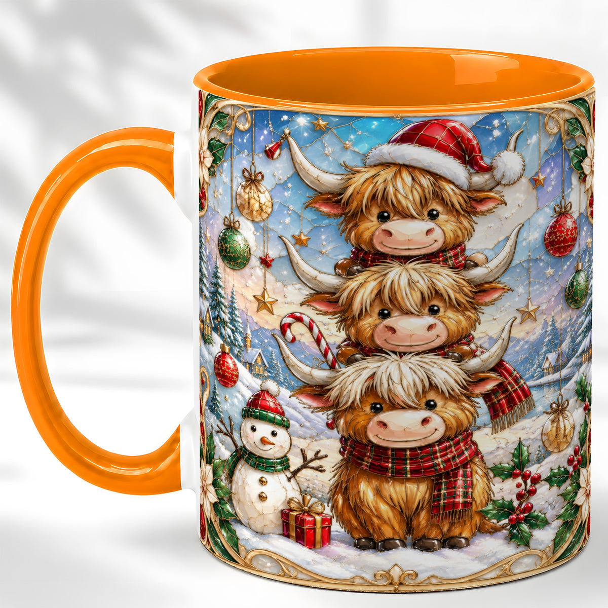 #pl[11oz|Orange] Christmas Highland Cow Coffee Mug, Stacked Cow Mug, Ceramic Cup