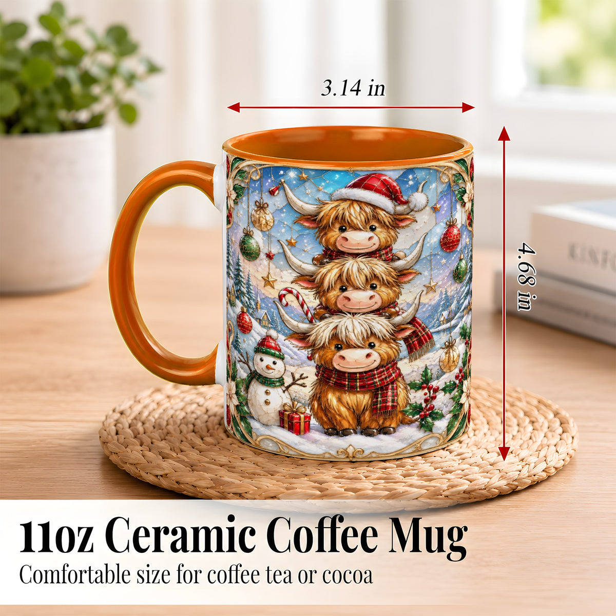#pl[11oz|Orange] Christmas Highland Cow Coffee Mug, Stacked Cow Mug, Ceramic Cup