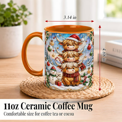 #pl[11oz|Orange] Christmas Highland Cow Coffee Mug, Stacked Cow Mug, Ceramic Cup