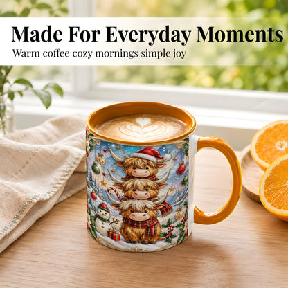 #pl[11oz|Orange] Christmas Highland Cow Coffee Mug, Stacked Cow Mug, Ceramic Cup