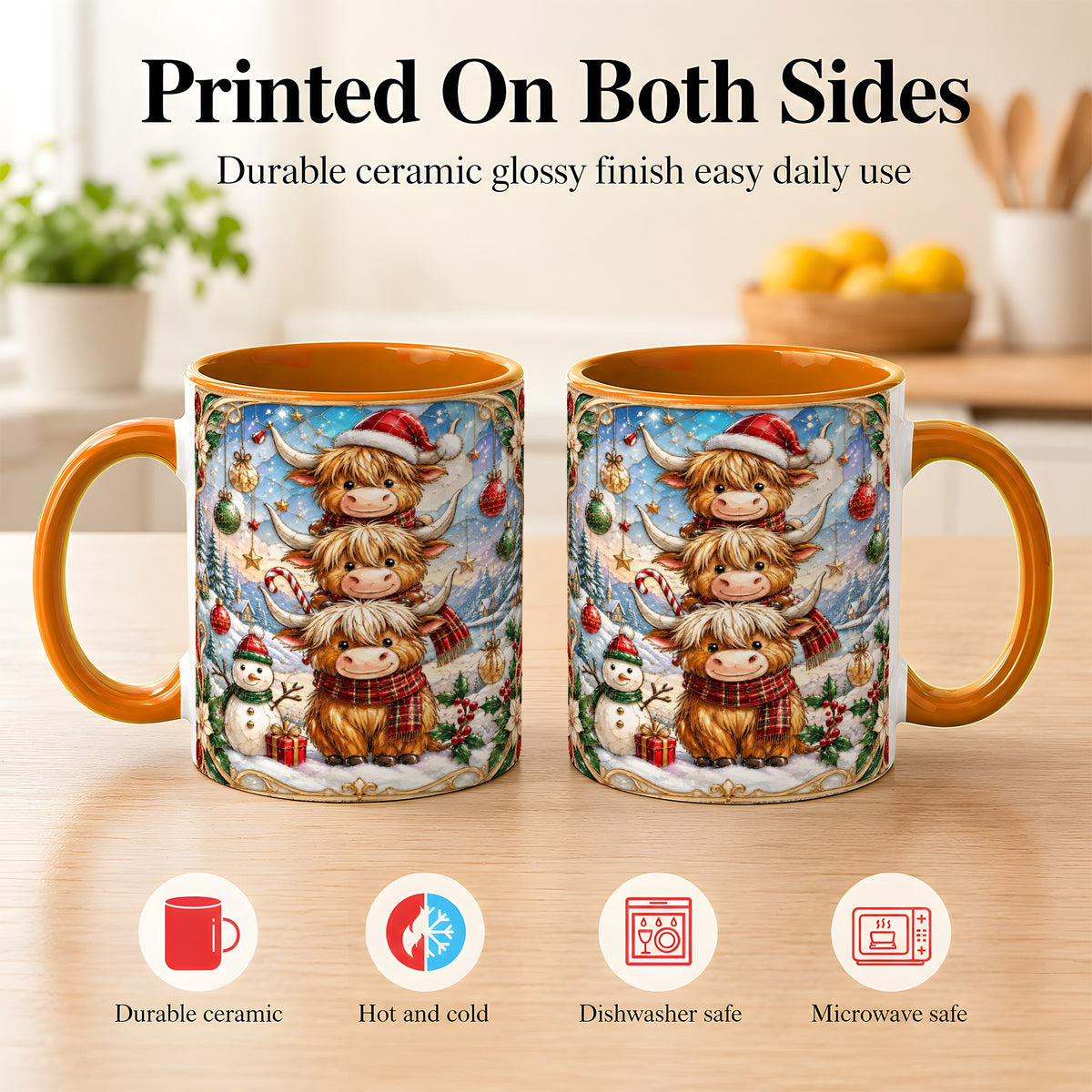 #pl[11oz|Orange] Christmas Highland Cow Coffee Mug, Stacked Cow Mug, Ceramic Cup