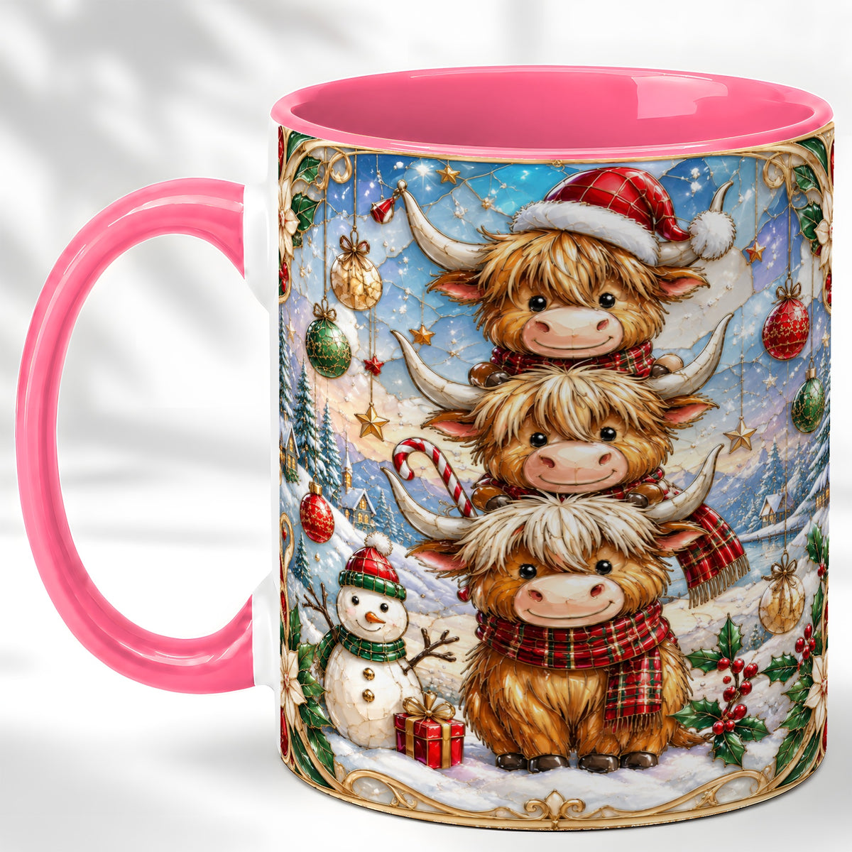 #pl[11oz|Pink] Christmas Highland Cow Coffee Mug, Stacked Cow Mug, Ceramic Cup