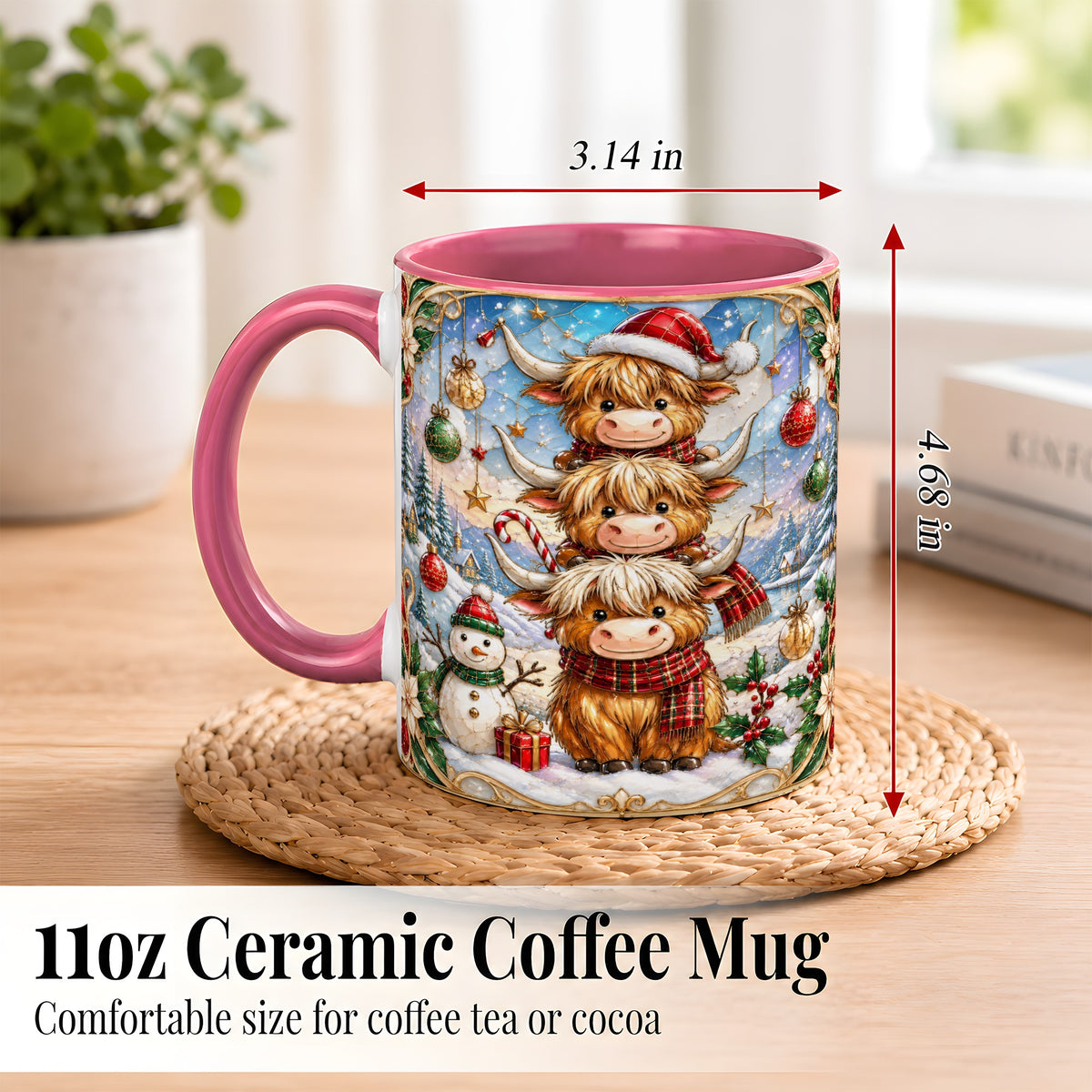 #pl[11oz|Pink] Christmas Highland Cow Coffee Mug, Stacked Cow Mug, Ceramic Cup