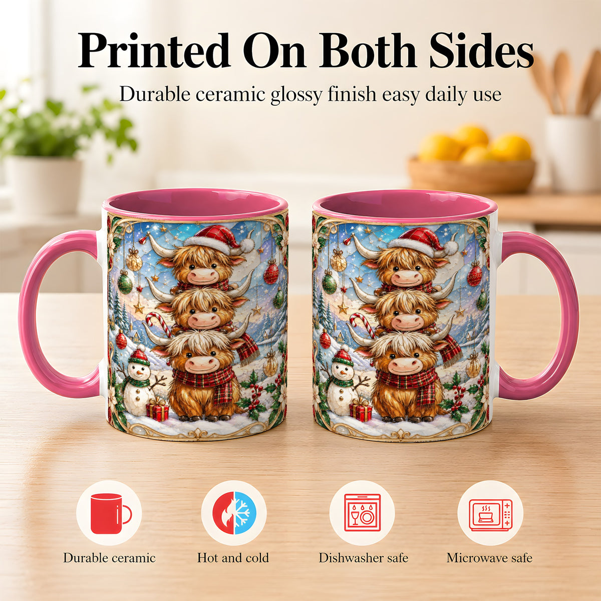 #pl[11oz|Pink] Christmas Highland Cow Coffee Mug, Stacked Cow Mug, Ceramic Cup