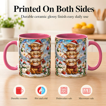 #pl[11oz|Pink] Christmas Highland Cow Coffee Mug, Stacked Cow Mug, Ceramic Cup