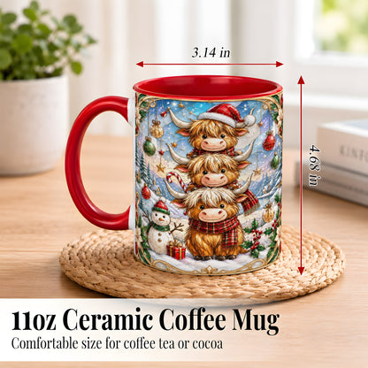 #pl[11oz|Red] Christmas Highland Cow Coffee Mug, Stacked Cow Mug, Ceramic Cup