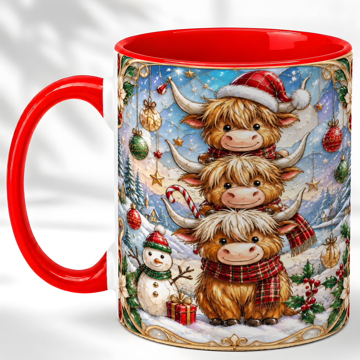 #pl[11oz|Red] Christmas Highland Cow Coffee Mug, Stacked Cow Mug, Ceramic Cup