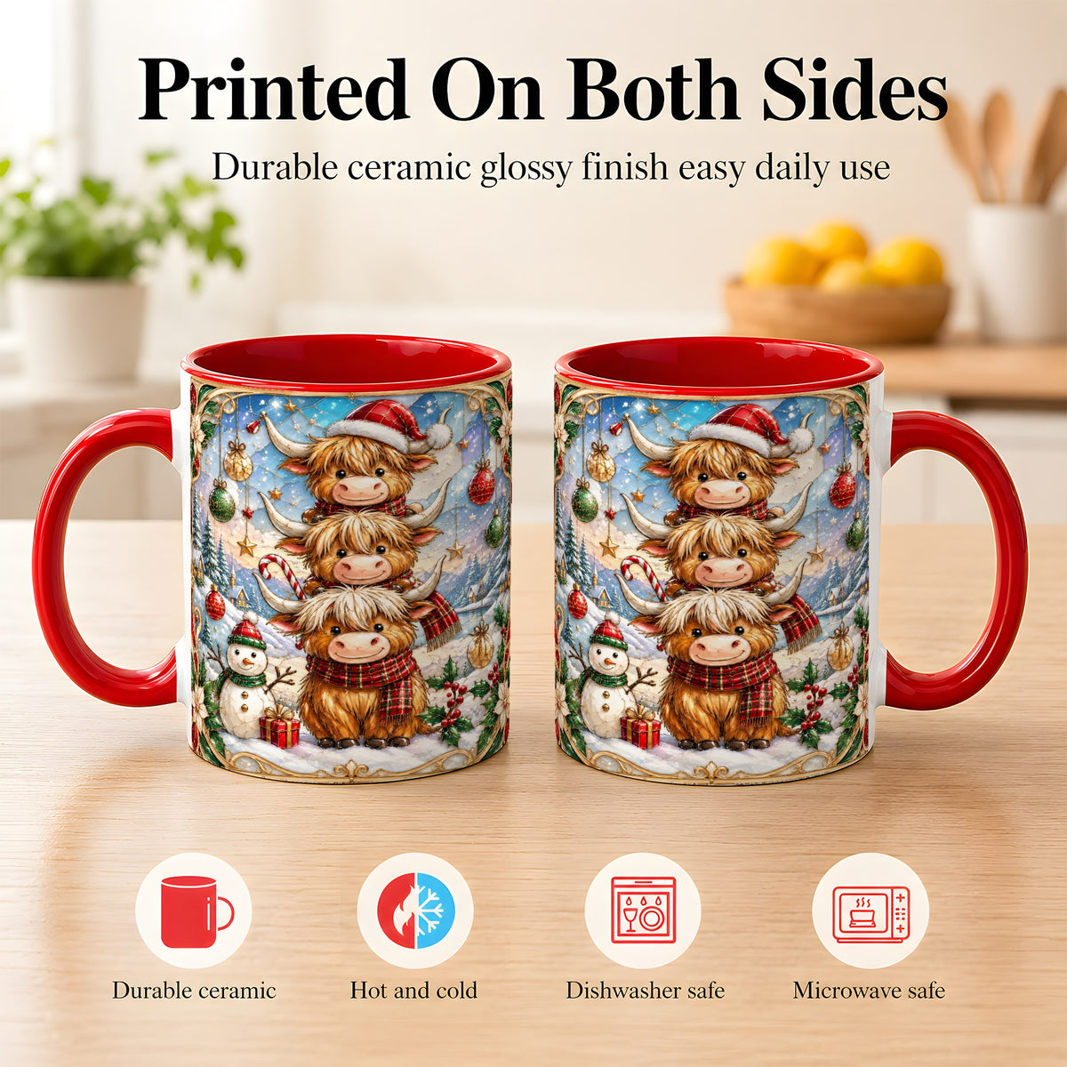 #pl[11oz|Red] Christmas Highland Cow Coffee Mug, Stacked Cow Mug, Ceramic Cup