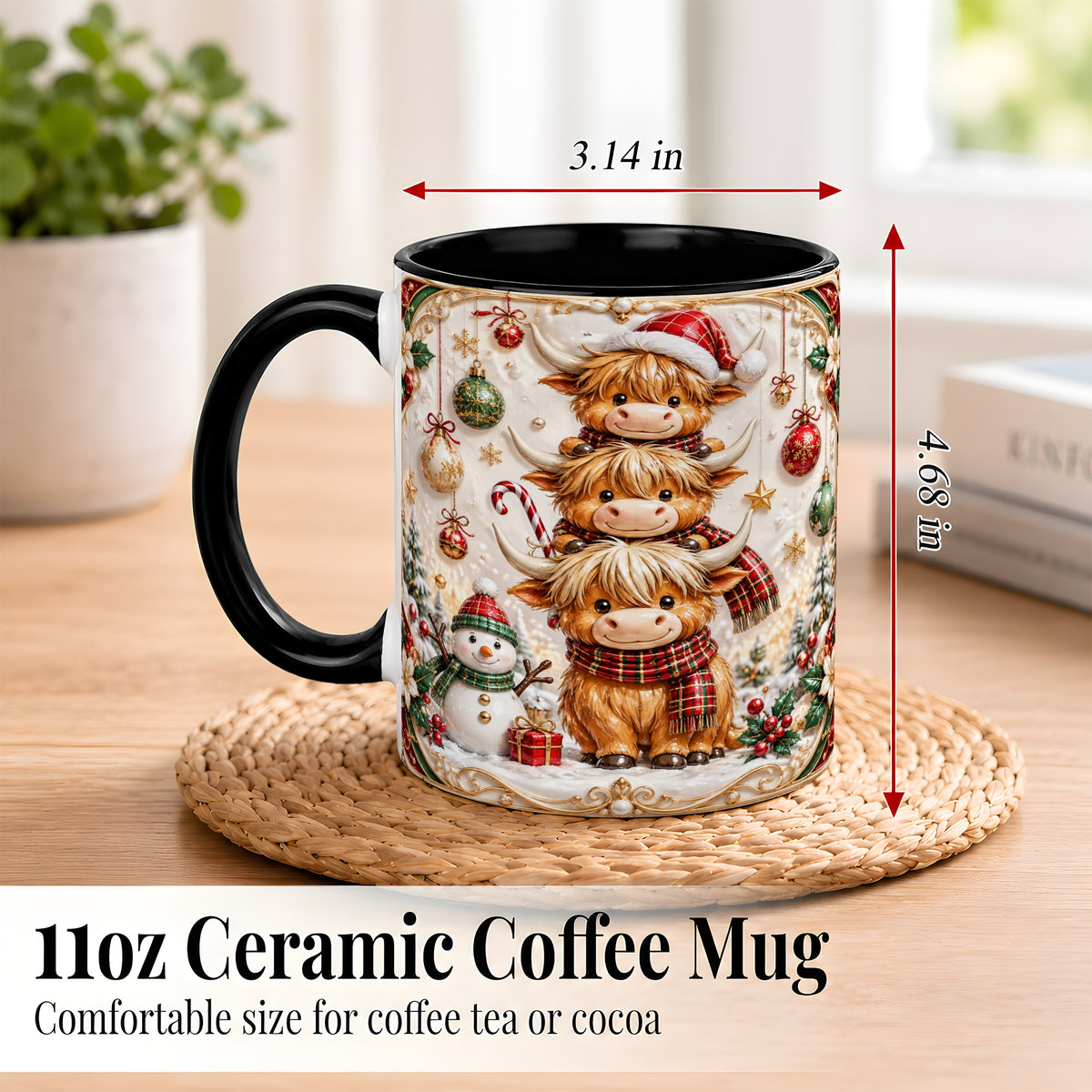 #pl[11oz|Black] Stacked Highland Cow Christmas Coffee Mug, Festive Cow Mug, Ceramic Cup