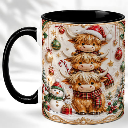 #pl[11oz|Black] Stacked Highland Cow Christmas Coffee Mug, Festive Cow Mug, Ceramic Cup