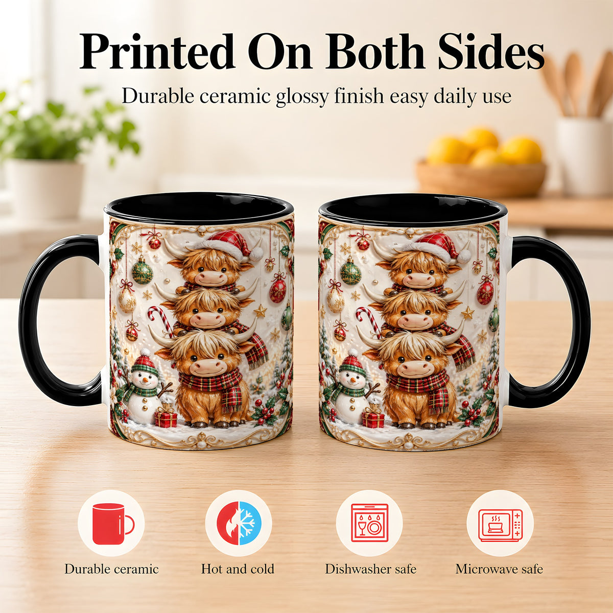 #pl[11oz|Black] Stacked Highland Cow Christmas Coffee Mug, Festive Cow Mug, Ceramic Cup
