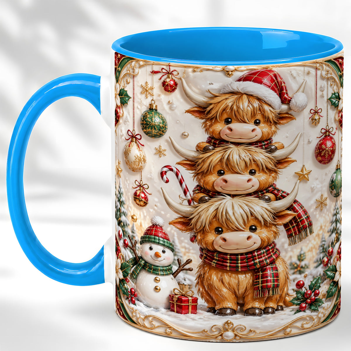 #pl[11oz|Blue] Stacked Highland Cow Christmas Coffee Mug, Festive Cow Mug, Ceramic Cup