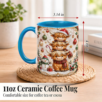 #pl[11oz|Blue] Stacked Highland Cow Christmas Coffee Mug, Festive Cow Mug, Ceramic Cup
