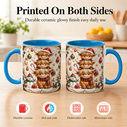 #pl[11oz|Blue] Stacked Highland Cow Christmas Coffee Mug, Festive Cow Mug, Ceramic Cup