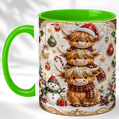 #pl[11oz|Green] Stacked Highland Cow Christmas Coffee Mug, Festive Cow Mug, Ceramic Cup