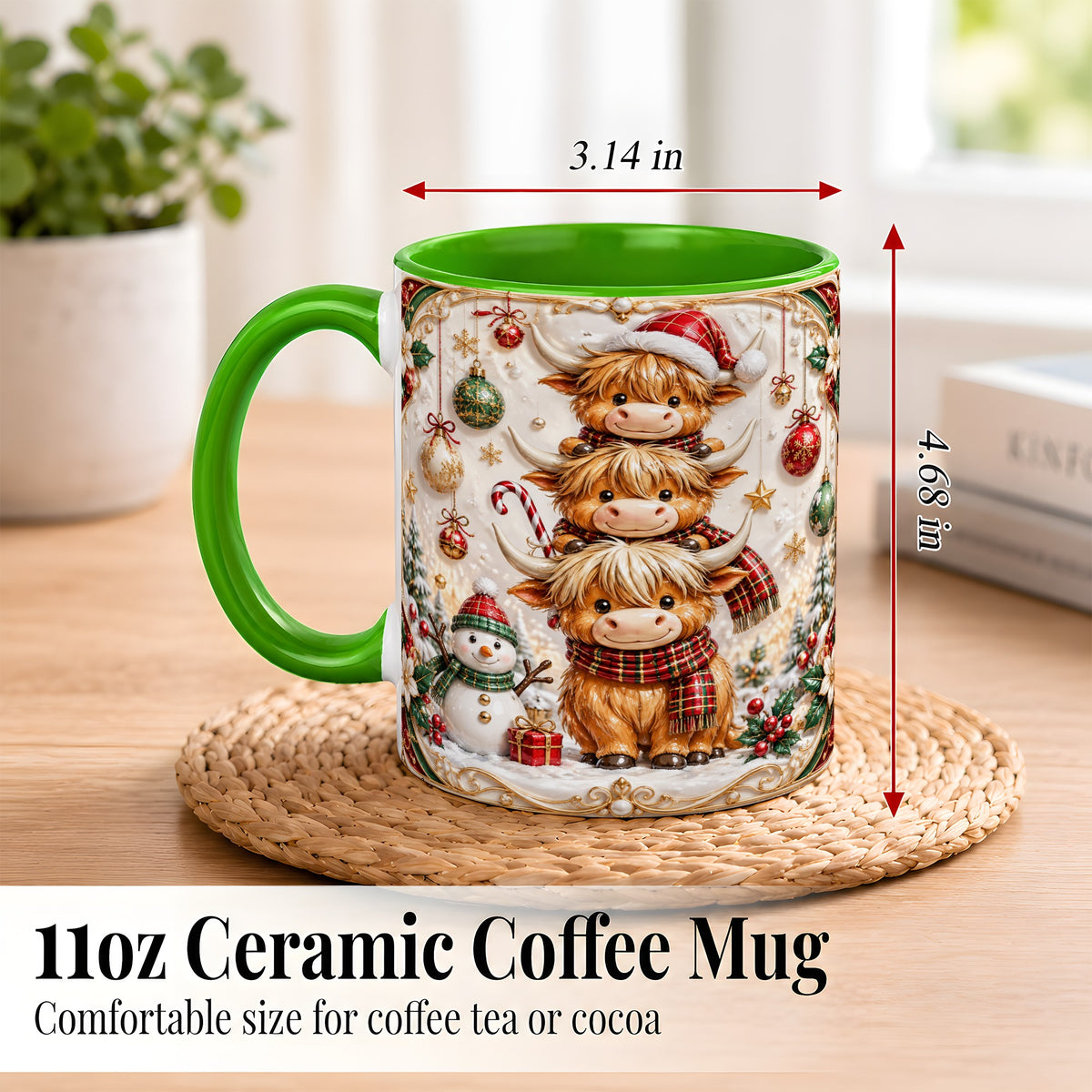 #pl[11oz|Green] Stacked Highland Cow Christmas Coffee Mug, Festive Cow Mug, Ceramic Cup