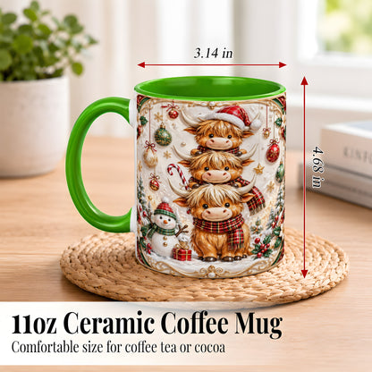 #pl[11oz|Green] Stacked Highland Cow Christmas Coffee Mug, Festive Cow Mug, Ceramic Cup