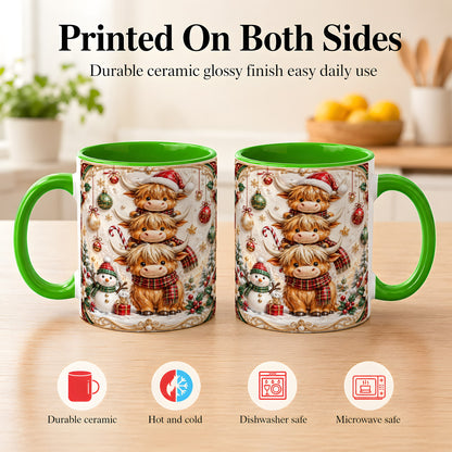 #pl[11oz|Green] Stacked Highland Cow Christmas Coffee Mug, Festive Cow Mug, Ceramic Cup