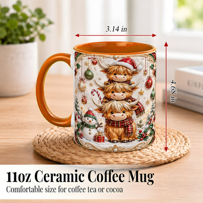 #pl[11oz|Orange] Stacked Highland Cow Christmas Coffee Mug, Festive Cow Mug, Ceramic Cup