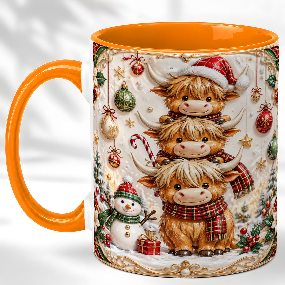 #pl[11oz|Orange] Stacked Highland Cow Christmas Coffee Mug, Festive Cow Mug, Ceramic Cup