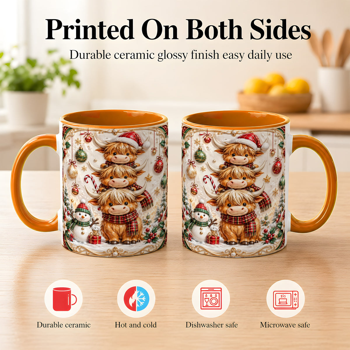 #pl[11oz|Orange] Stacked Highland Cow Christmas Coffee Mug, Festive Cow Mug, Ceramic Cup