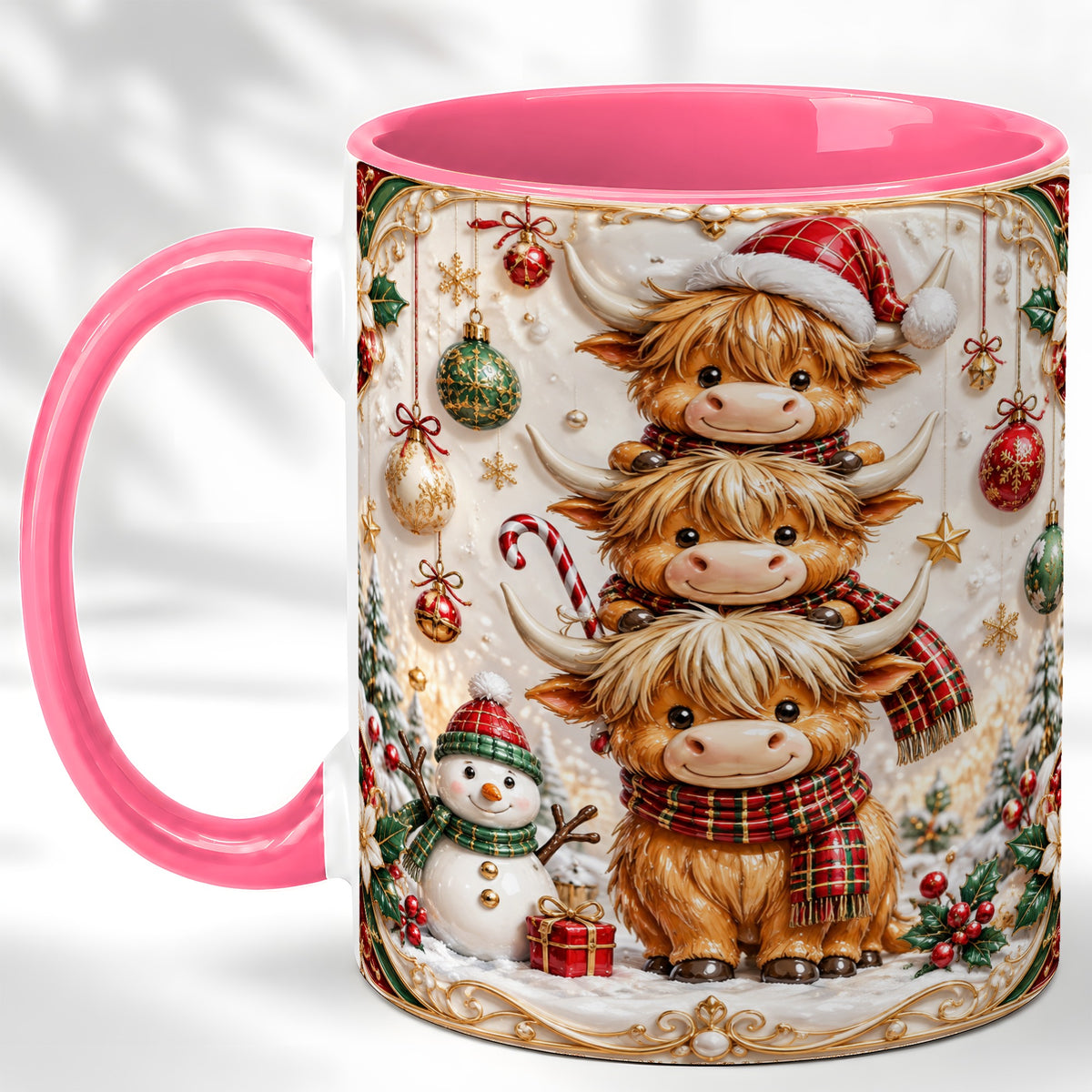 #pl[11oz|Pink] Stacked Highland Cow Christmas Coffee Mug, Festive Cow Mug, Ceramic Cup