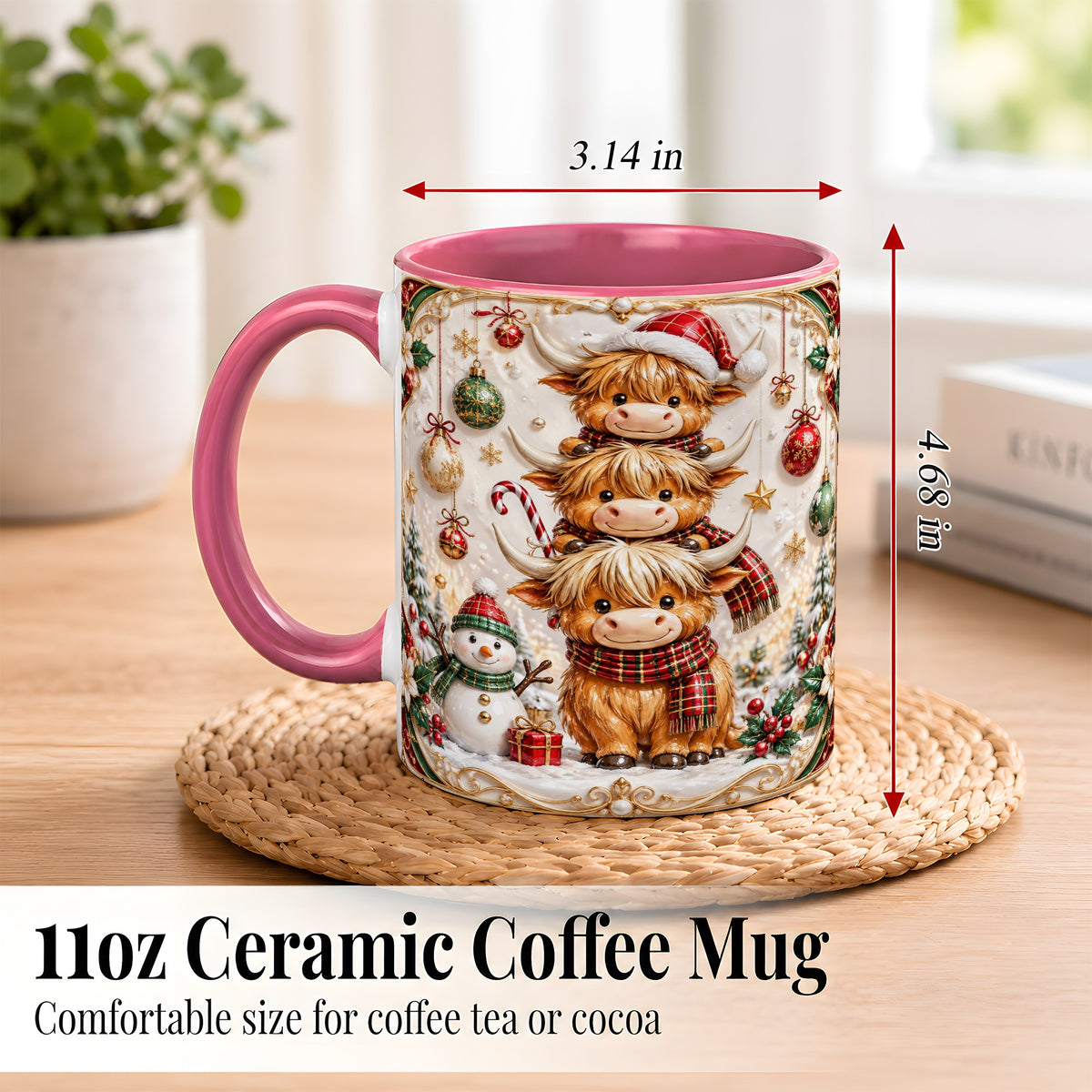 #pl[11oz|Pink] Stacked Highland Cow Christmas Coffee Mug, Festive Cow Mug, Ceramic Cup