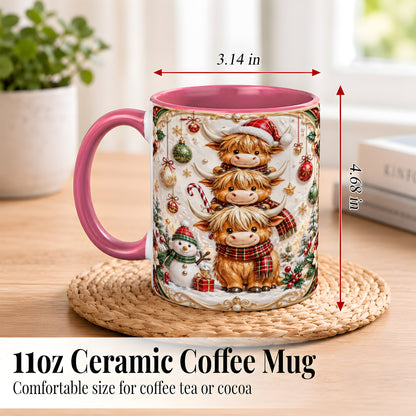 #pl[11oz|Pink] Stacked Highland Cow Christmas Coffee Mug, Festive Cow Mug, Ceramic Cup