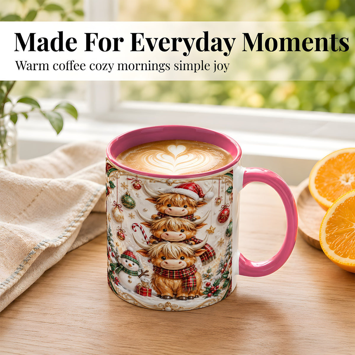 #pl[11oz|Pink] Stacked Highland Cow Christmas Coffee Mug, Festive Cow Mug, Ceramic Cup