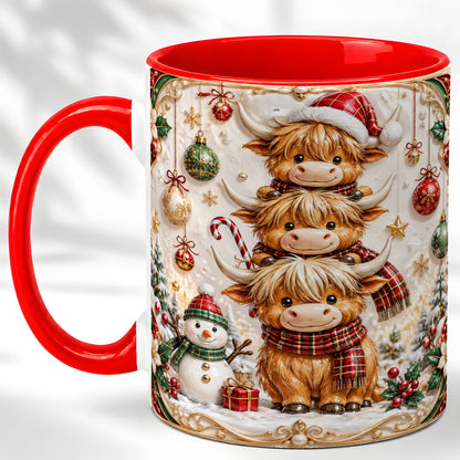 #pl[11oz|Red] Stacked Highland Cow Christmas Coffee Mug, Festive Cow Mug, Ceramic Cup