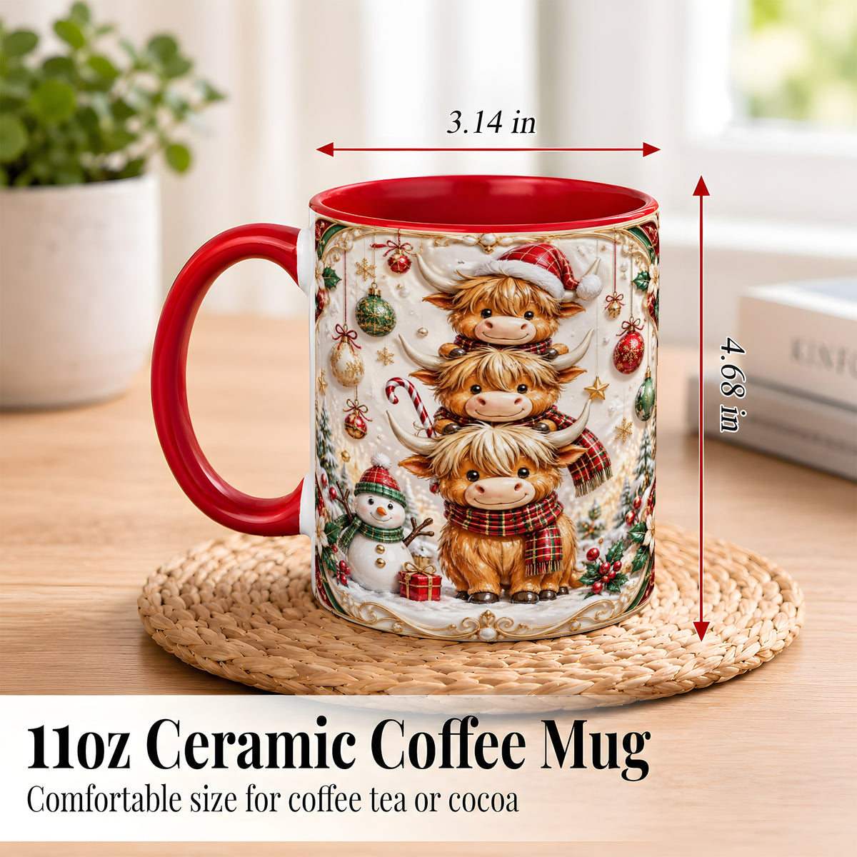 #pl[11oz|Red] Stacked Highland Cow Christmas Coffee Mug, Festive Cow Mug, Ceramic Cup