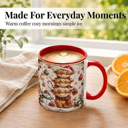 #pl[11oz|Red] Stacked Highland Cow Christmas Coffee Mug, Festive Cow Mug, Ceramic Cup