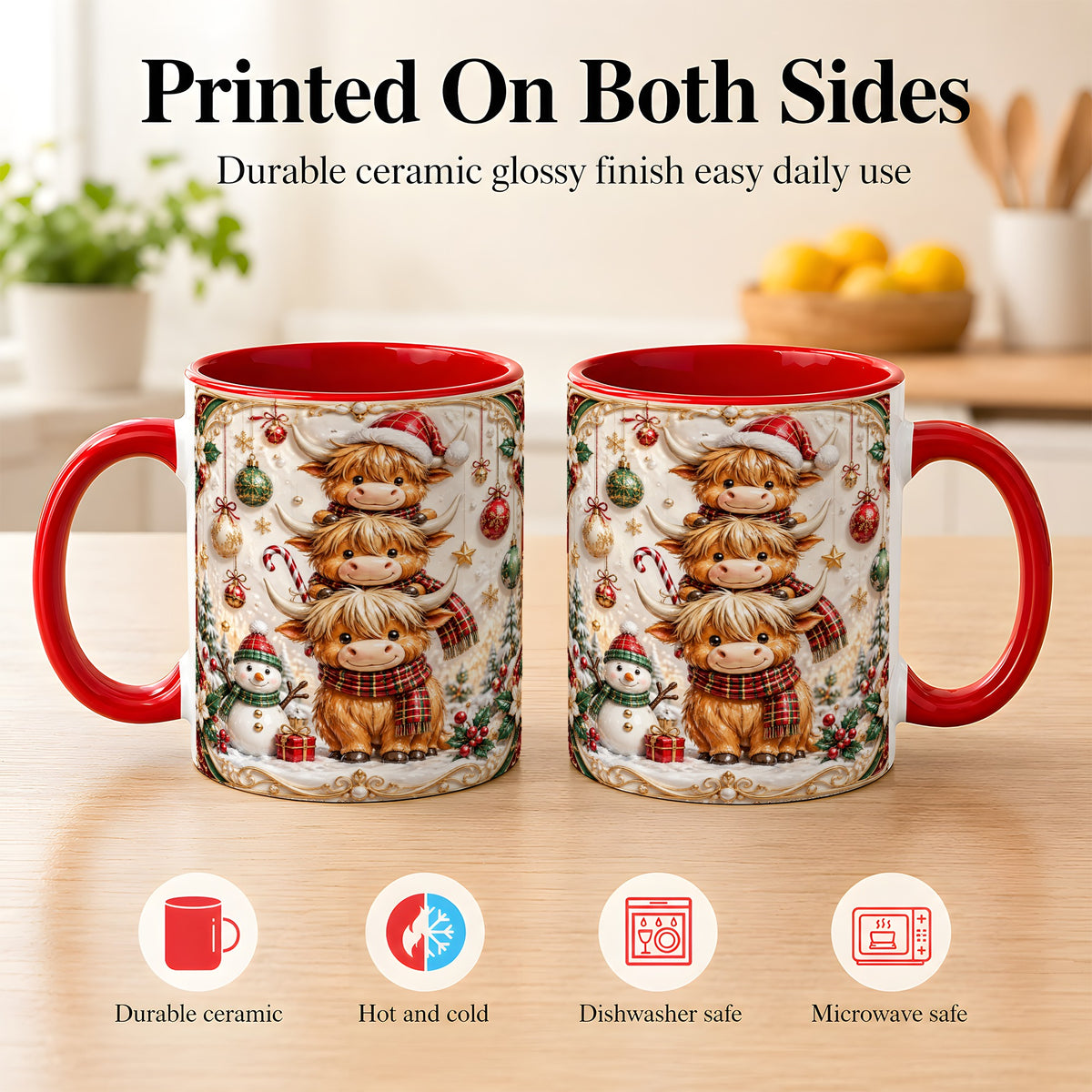 #pl[11oz|Red] Stacked Highland Cow Christmas Coffee Mug, Festive Cow Mug, Ceramic Cup