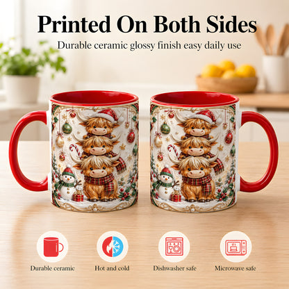 #pl[11oz|Red] Stacked Highland Cow Christmas Coffee Mug, Festive Cow Mug, Ceramic Cup