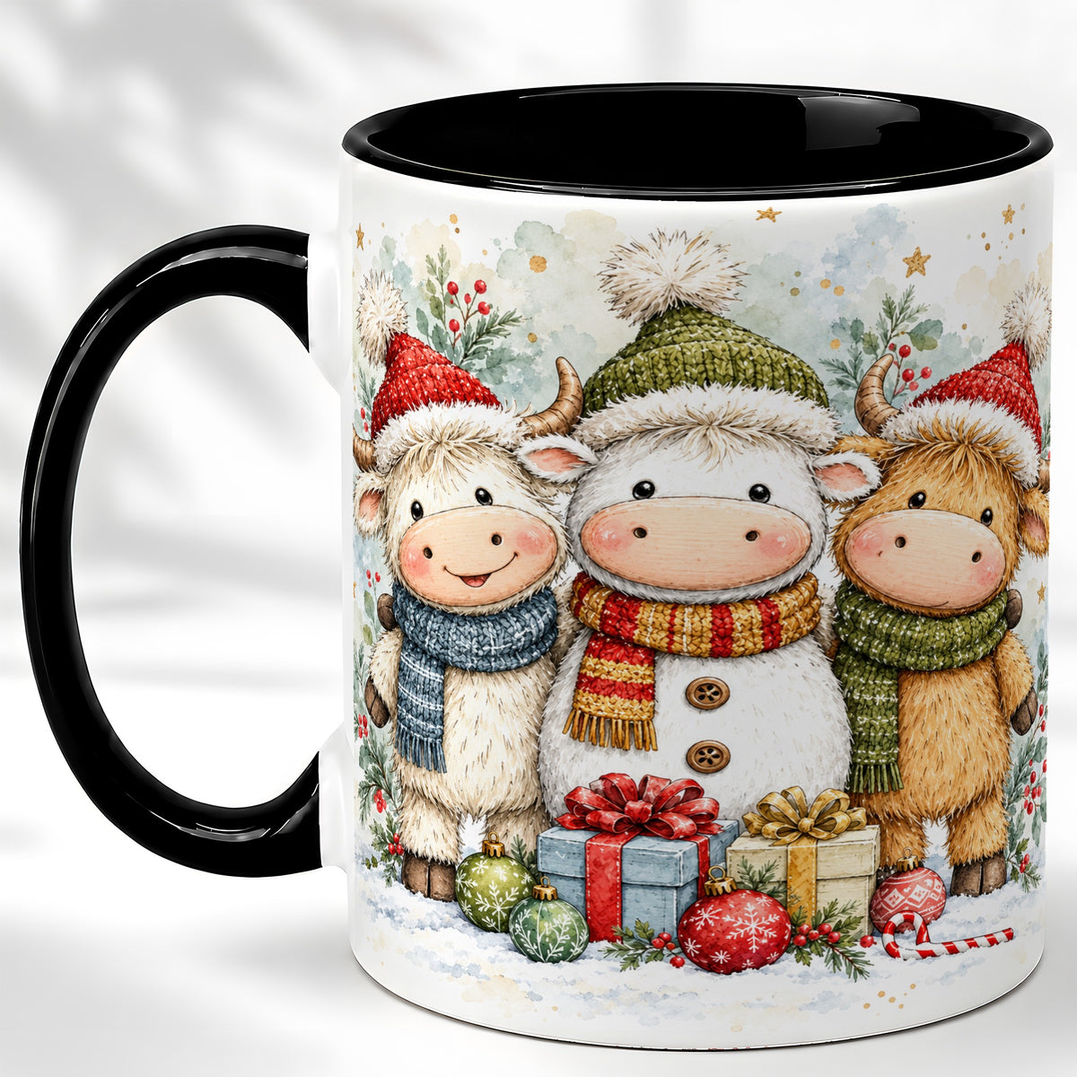 #pl[11oz|Black] Watercolor Highland Cow Coffee Mug, Christmas Cow Mug, Ceramic Cup