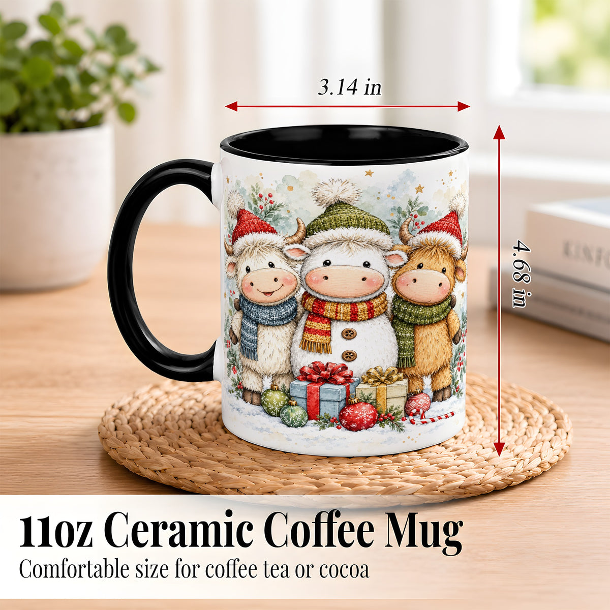 #pl[11oz|Black] Watercolor Highland Cow Coffee Mug, Christmas Cow Mug, Ceramic Cup
