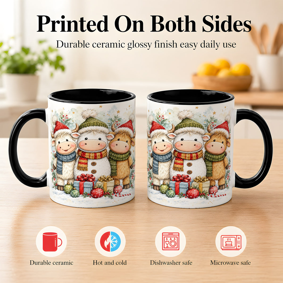 #pl[11oz|Black] Watercolor Highland Cow Coffee Mug, Christmas Cow Mug, Ceramic Cup