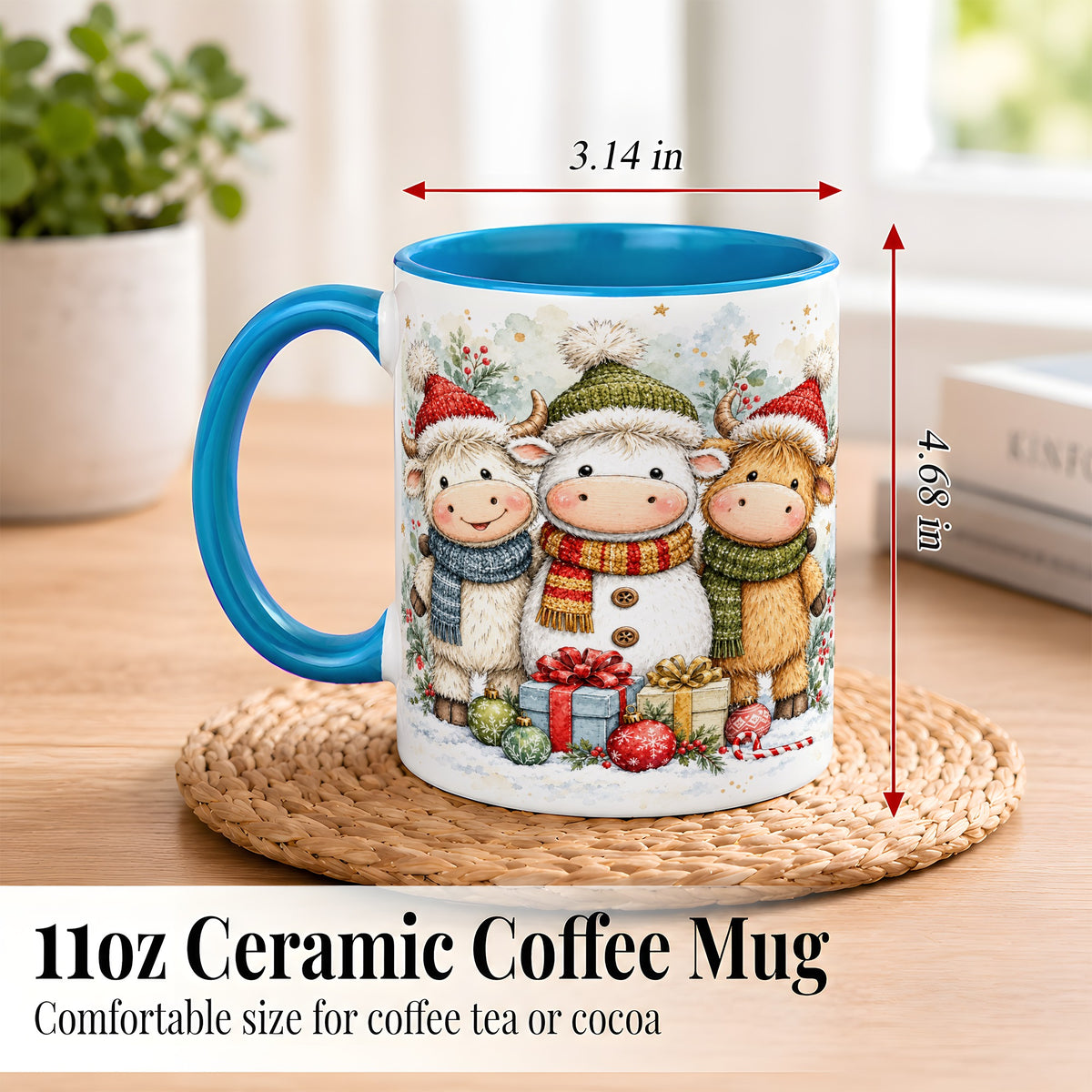 #pl[11oz|Blue] Watercolor Highland Cow Coffee Mug, Christmas Cow Mug, Ceramic Cup