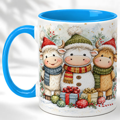 #pl[11oz|Blue] Watercolor Highland Cow Coffee Mug, Christmas Cow Mug, Ceramic Cup