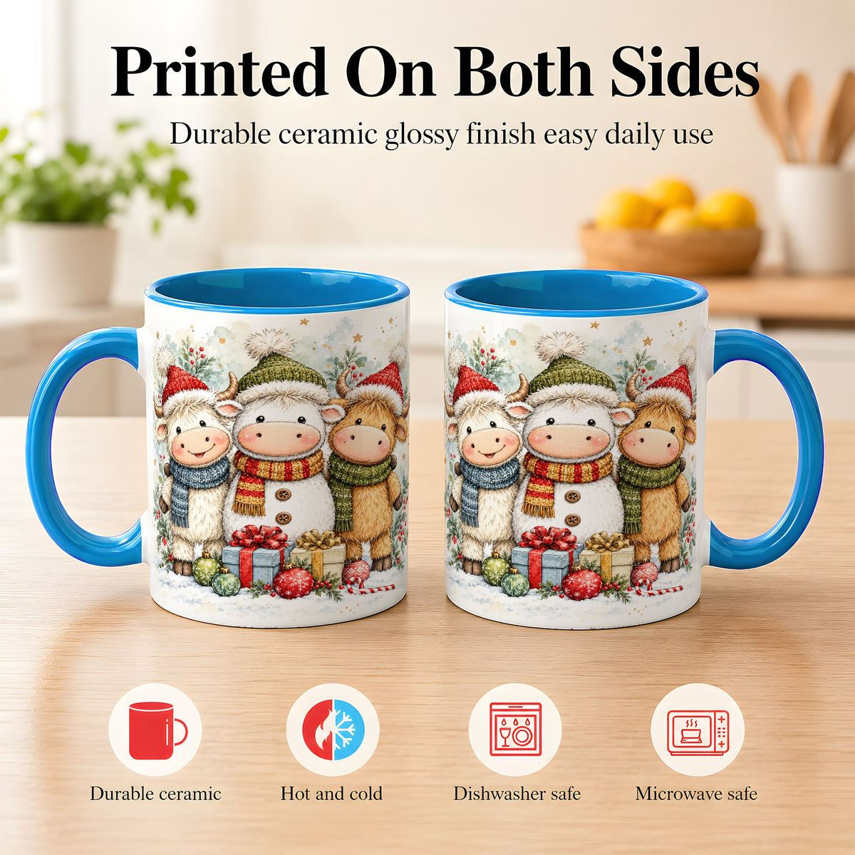 #pl[11oz|Blue] Watercolor Highland Cow Coffee Mug, Christmas Cow Mug, Ceramic Cup