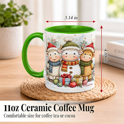 #pl[11oz|Green] Watercolor Highland Cow Coffee Mug, Christmas Cow Mug, Ceramic Cup