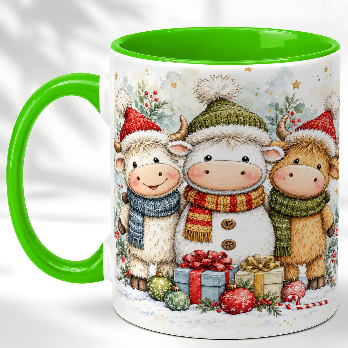 #pl[11oz|Green] Watercolor Highland Cow Coffee Mug, Christmas Cow Mug, Ceramic Cup