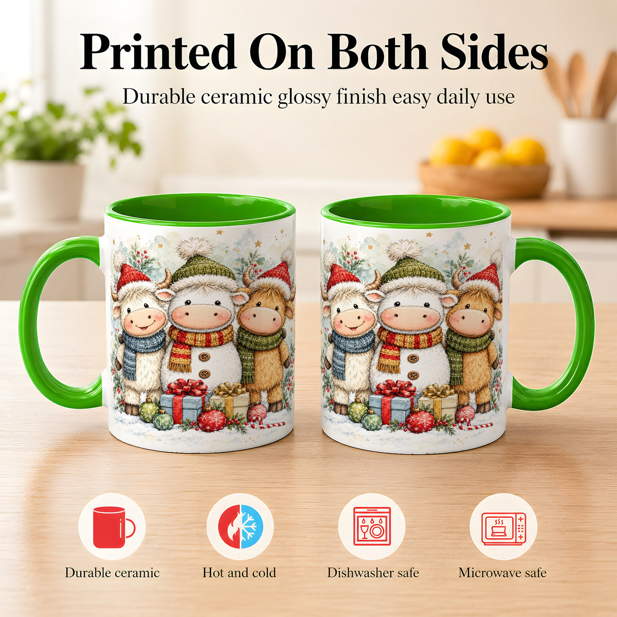 #pl[11oz|Green] Watercolor Highland Cow Coffee Mug, Christmas Cow Mug, Ceramic Cup