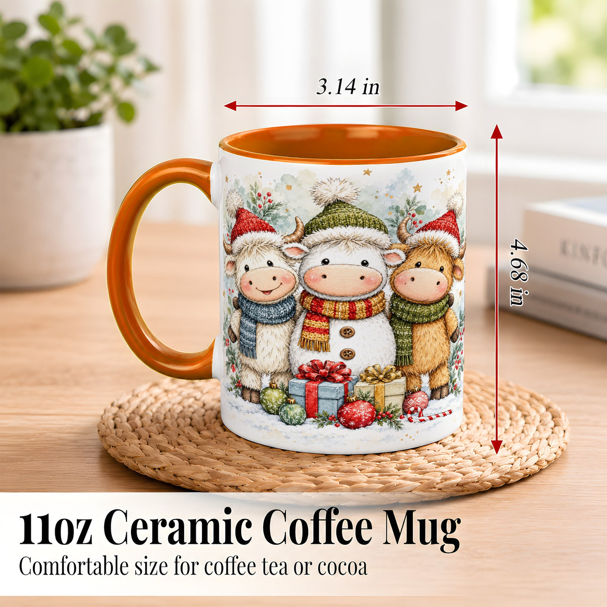#pl[11oz|Orange] Watercolor Highland Cow Coffee Mug, Christmas Cow Mug, Ceramic Cup