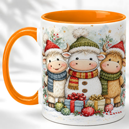 #pl[11oz|Orange] Watercolor Highland Cow Coffee Mug, Christmas Cow Mug, Ceramic Cup
