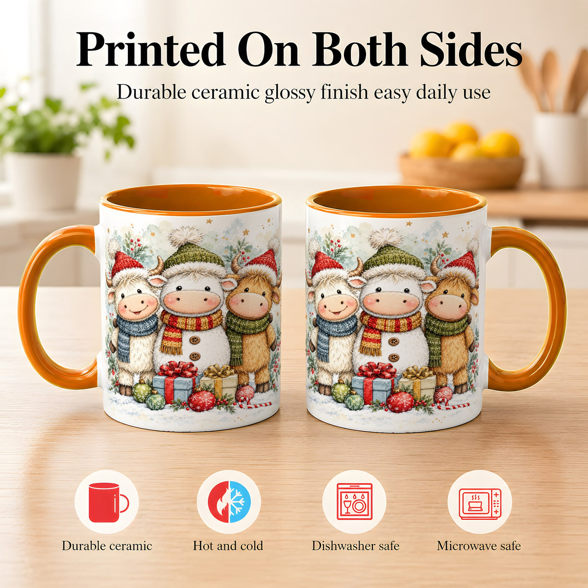 #pl[11oz|Orange] Watercolor Highland Cow Coffee Mug, Christmas Cow Mug, Ceramic Cup