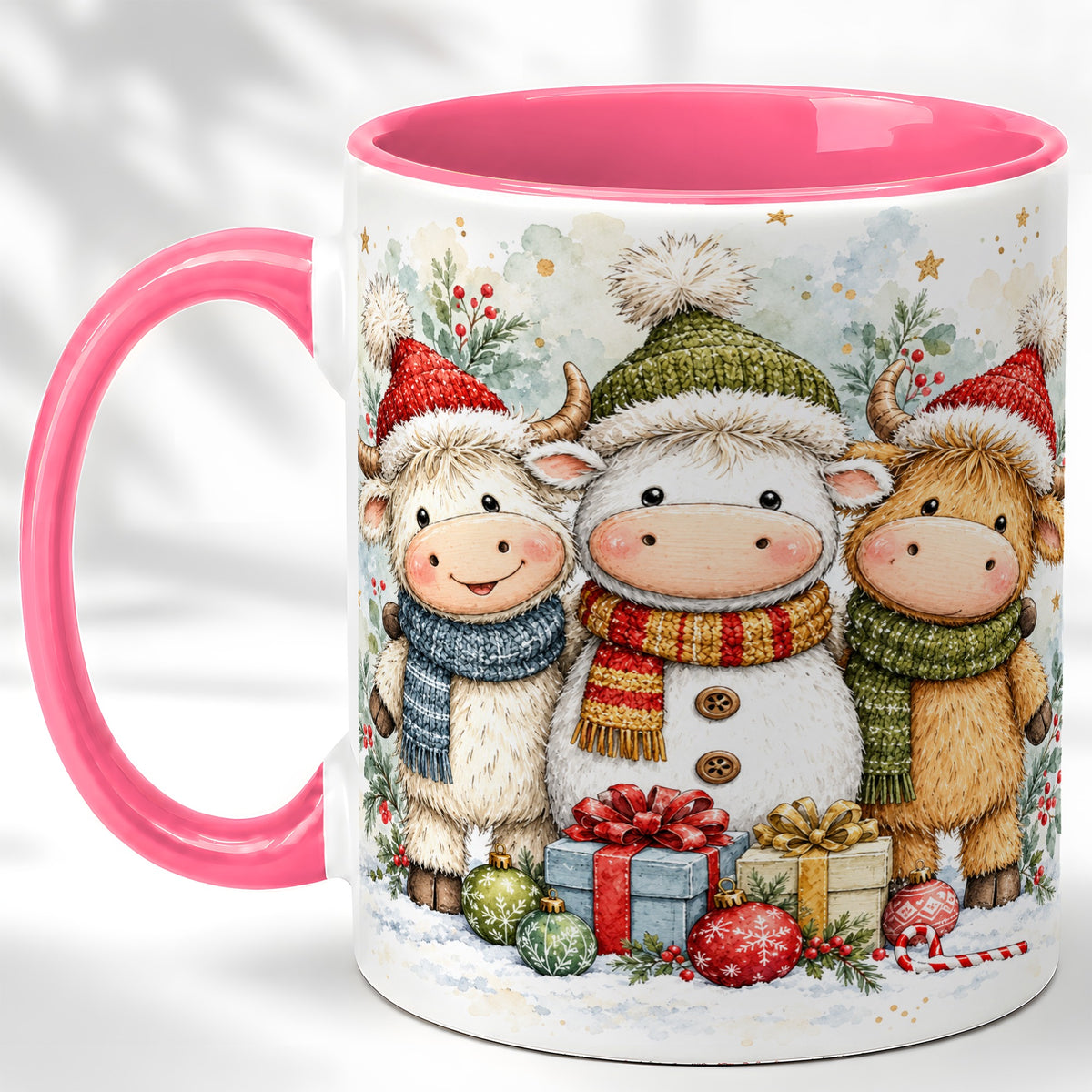 #pl[11oz|Pink] Watercolor Highland Cow Coffee Mug, Christmas Cow Mug, Ceramic Cup